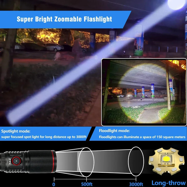 30W LED Zoom Flashlight with USB Rechargeable Battery