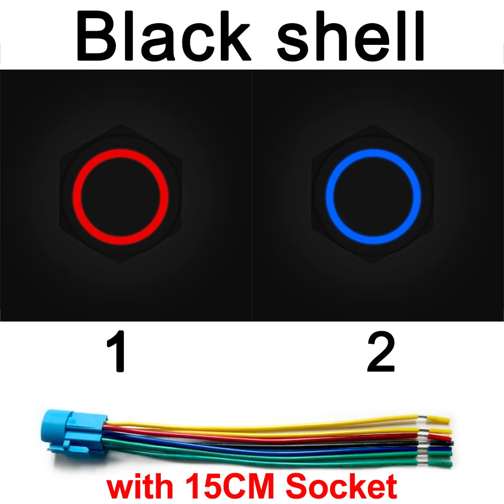 Zwei schwarze LED-Tasterschalter mit Kennzeichnung 1 und 2, ausgestattet mit einer 15 cm Steckverbindung.