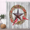 A decorative wreath featuring red berries and pinecones surrounds a dark star, displayed on a rustic wooden background.