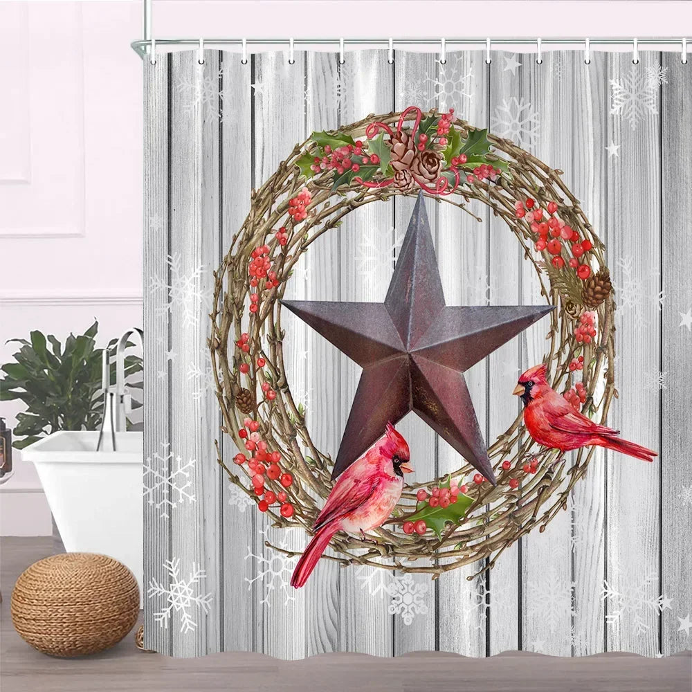 A decorative wreath featuring red berries and pinecones surrounds a dark star, displayed on a rustic wooden background.