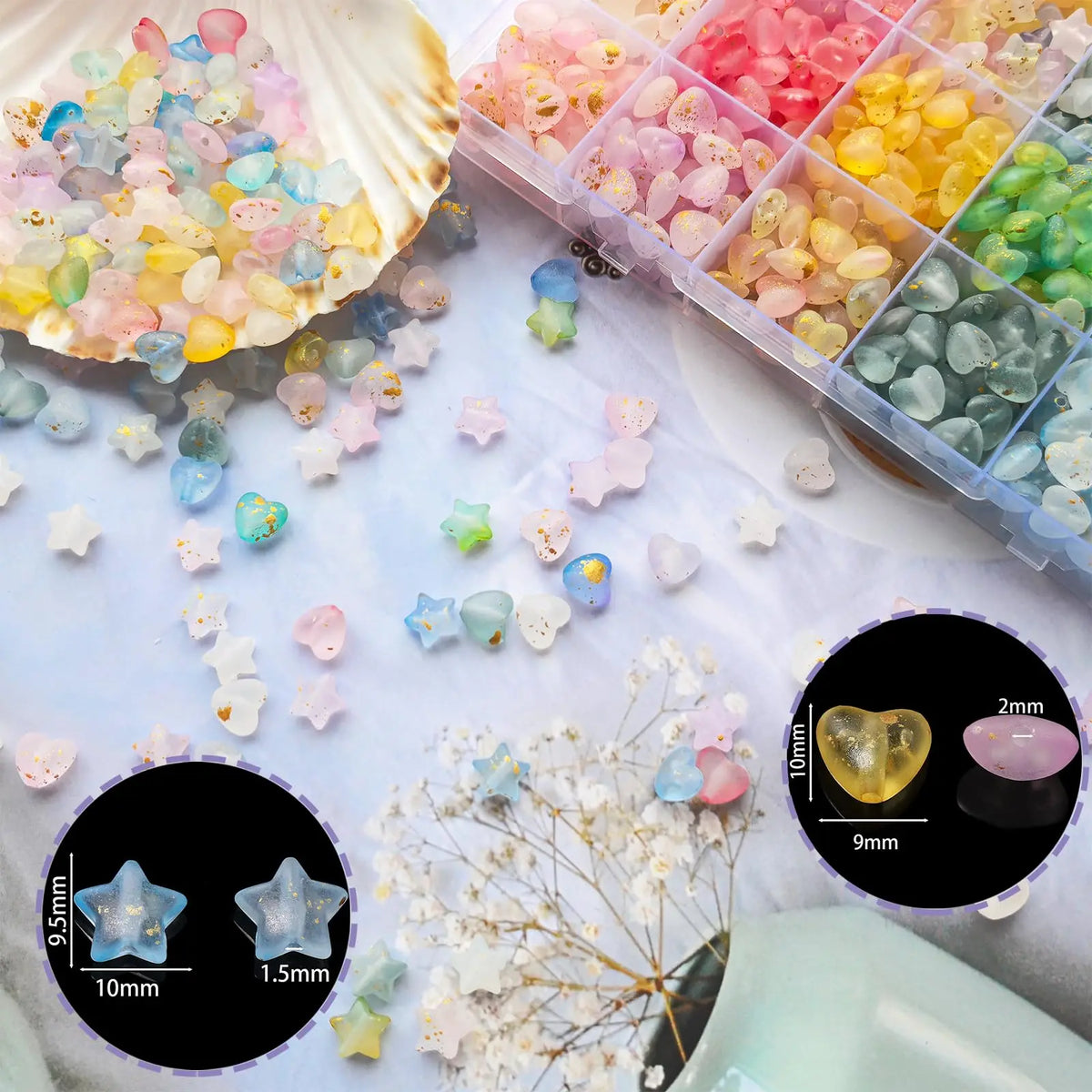 Acrylic Star & Heart Beads Set with Golden Foil Finish