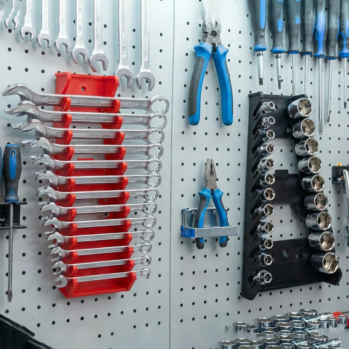 A white pegboard displaying various tools, including red and silver wrench organizers and pliers.