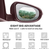 A close-up view of a car mirror with rain-proof film, highlighting features like waterproof, anti-fog, and anti-scratch coati