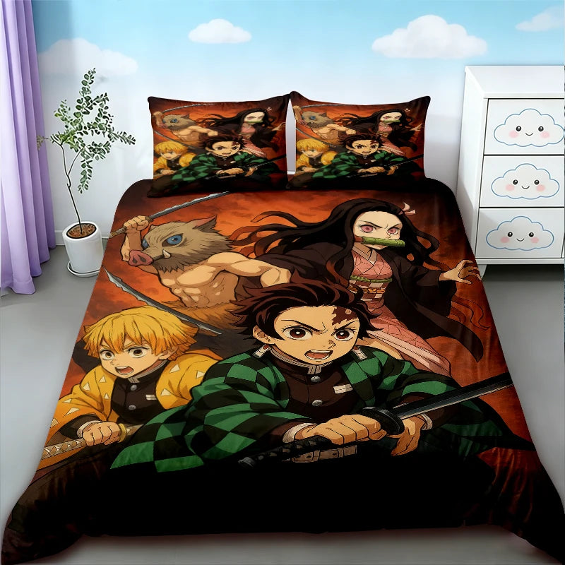 Demon Slayer Nezuko duvet cover set featuring artwork of characters in traditional Japanese style
