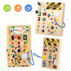 A wooden busy board sensory toy featuring various buttons, lights, and switches for toddlers.