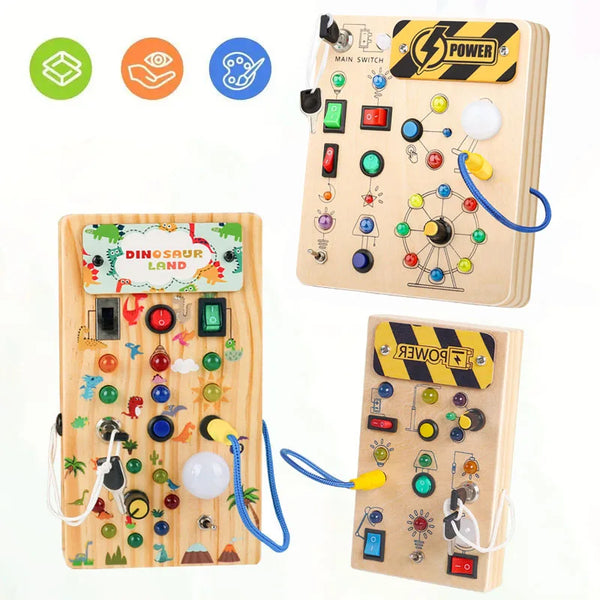 A wooden busy board sensory toy featuring various buttons, lights, and switches for toddlers.