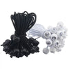 Black and white elastic tent tie-down ropes with plastic buckles