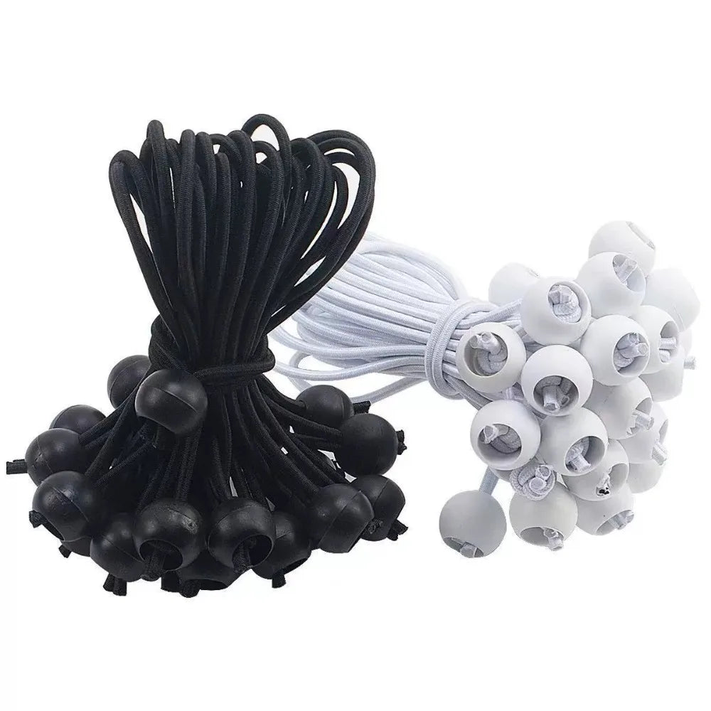 Black and white elastic tent tie-down ropes with plastic buckles