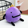 A cute purple plush doll with a gold crown and black features sitting on a white surface.