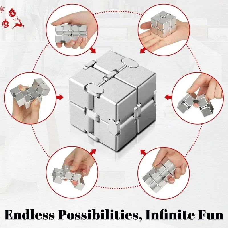 A silver metal infinity fidget cube shown from multiple angles being held by hands.