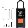 A black portable car tire inflator device with a handle, power bank, and LED light, shown with various accessories.