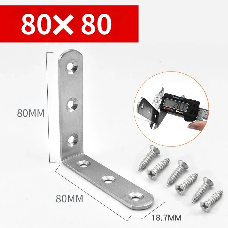Stainless steel 80x80 angle bracket and screws shown with dimensions.