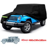 A blue Jeep Wrangler is covered by a black all-weather outdoor car cover.