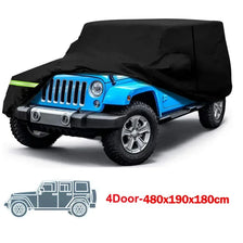 A blue Jeep Wrangler is covered by a black all-weather outdoor car cover.