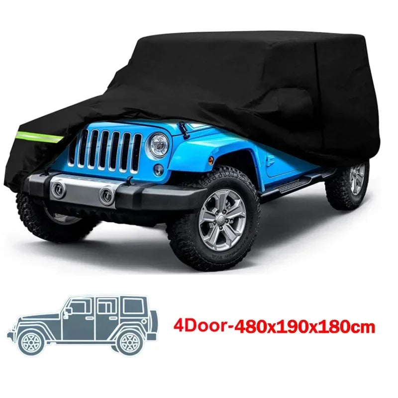 A blue Jeep Wrangler is covered by a black all-weather outdoor car cover.