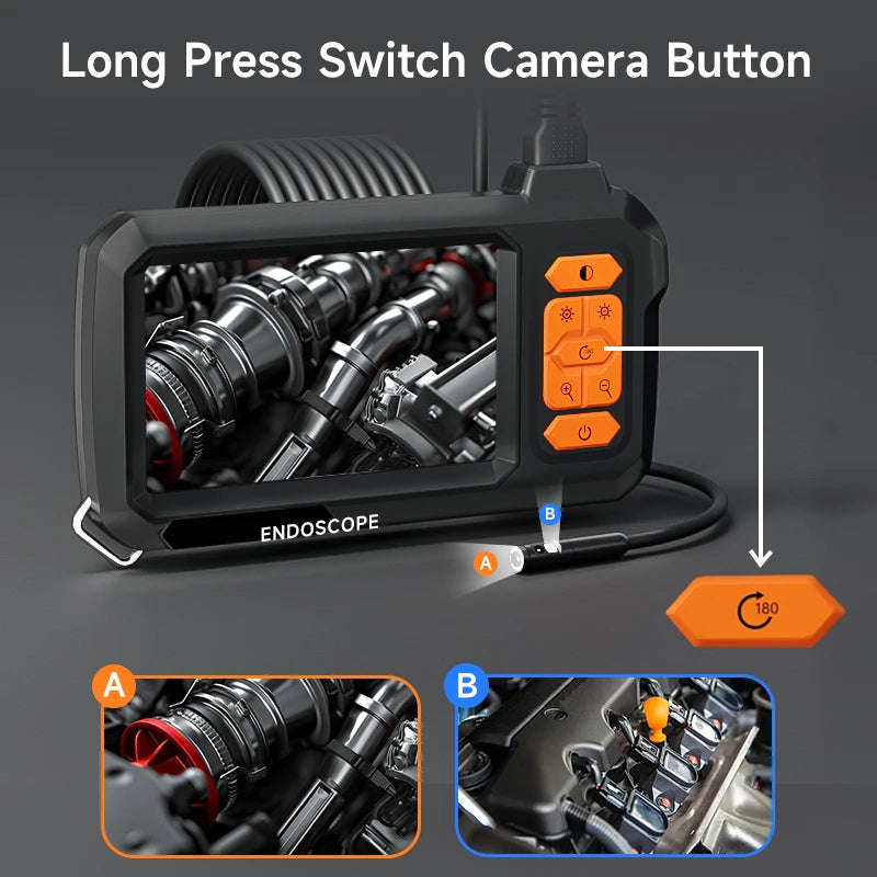 A long press switch camera button device with an endoscope probe and a switch mechanism shown in detail.