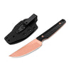 A full tang fixed blade knife with a bronze blade and G10 handle is shown next to its black Kydex sheath.