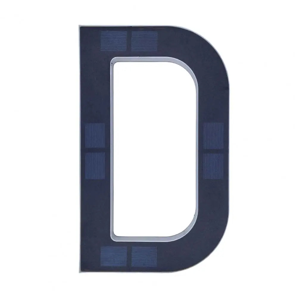 A dark blue, rectangular house number sign with a cutout for the number D, featuring small blue solar-powered LEDs.