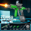 A green electric water gun is shown firing a stream of water with a muzzle flame effect against a dark background.