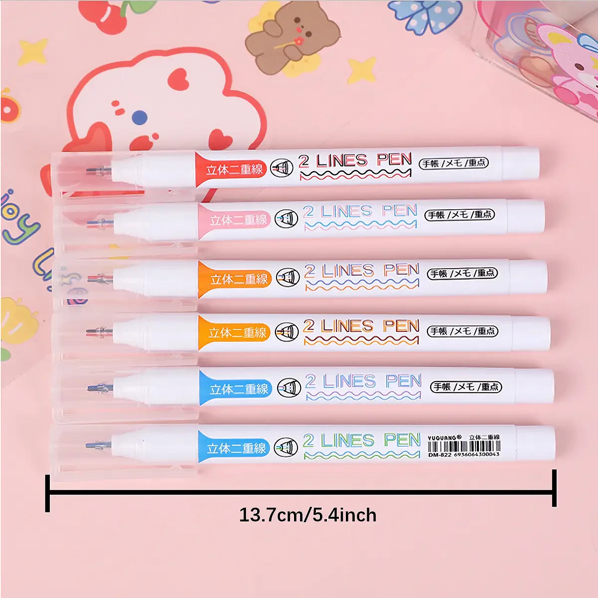 A set of six dual-color fluorescent marker pens packaged in clear plastic tubes on a pink background.