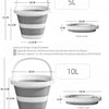 A set of two gray and white collapsible outdoor buckets with carry handles, shown in various sizes (5L and 10L) and dimension