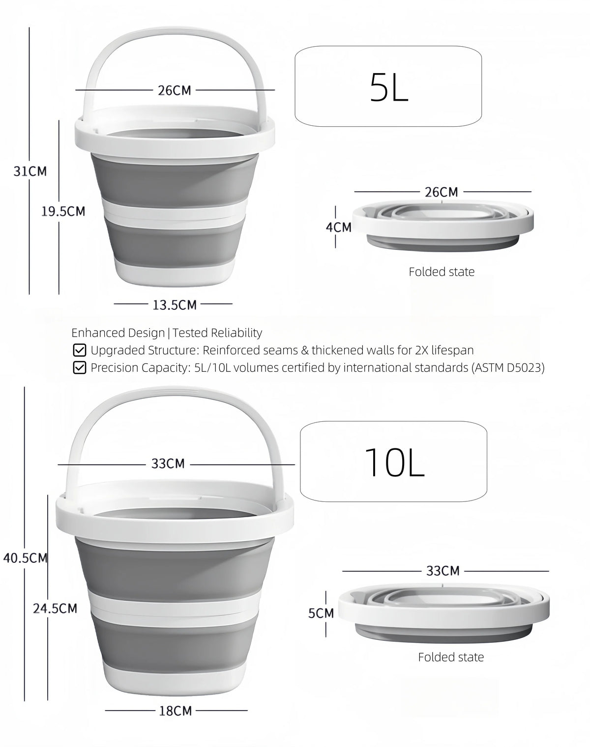 A set of two gray and white collapsible outdoor buckets with carry handles, shown in various sizes (5L and 10L) and dimension
