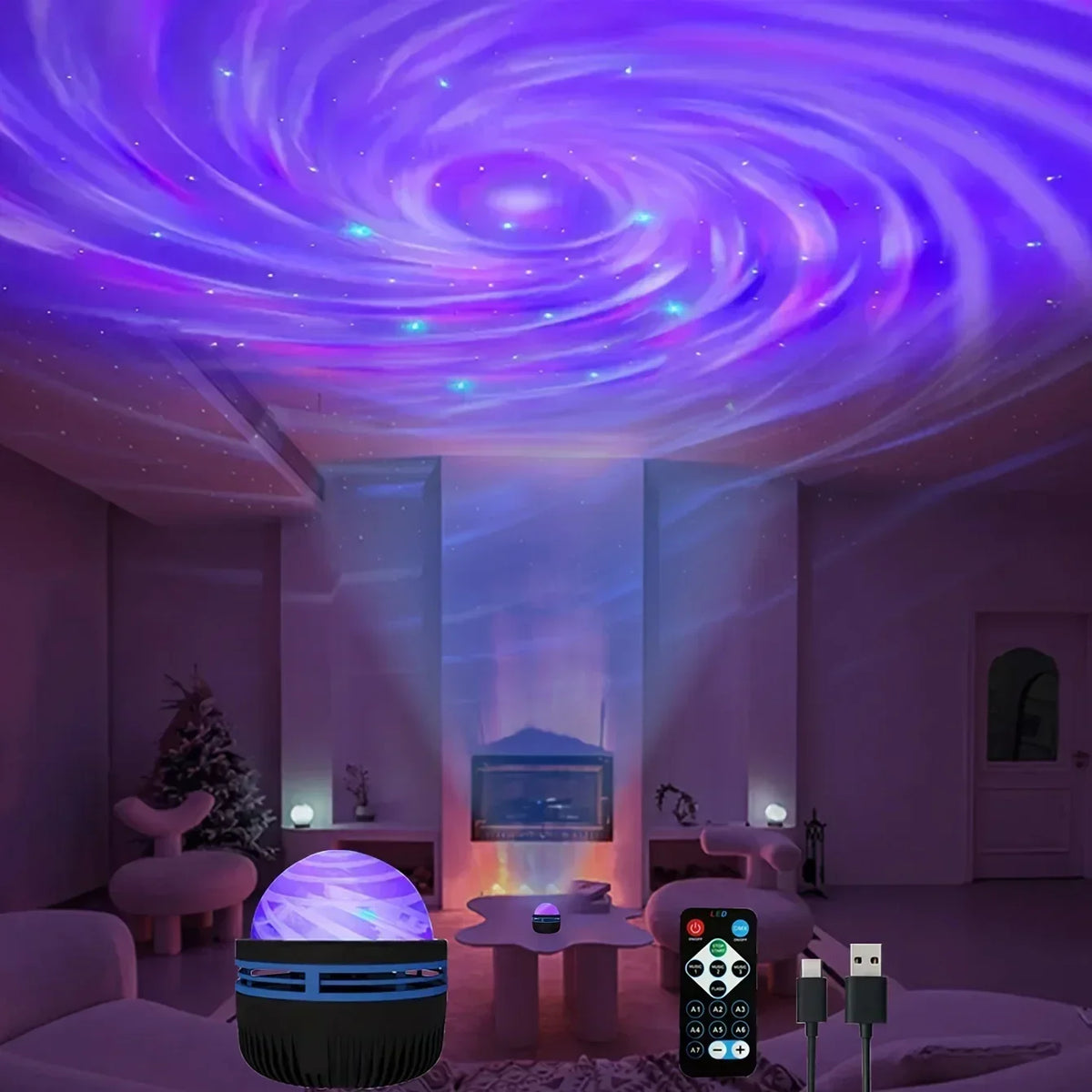 A starry sky LED galaxy projector is displayed in a room with purple lighting and modern furniture.