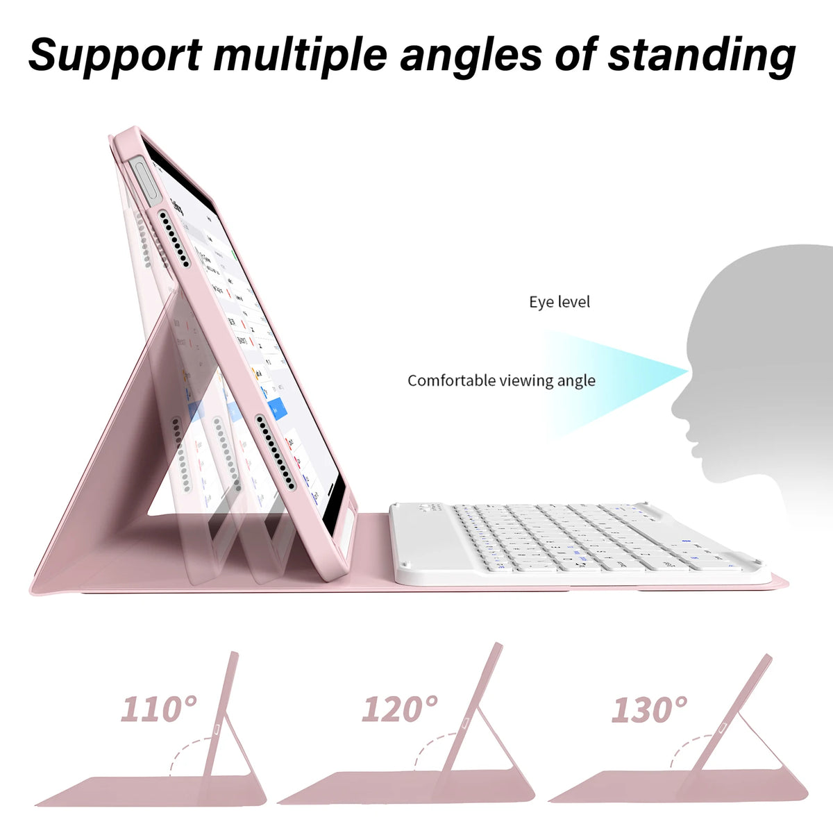 Pinker Ständer für ein iPad, der Unterstützung für verschiedene Standwinkel demonstriert.