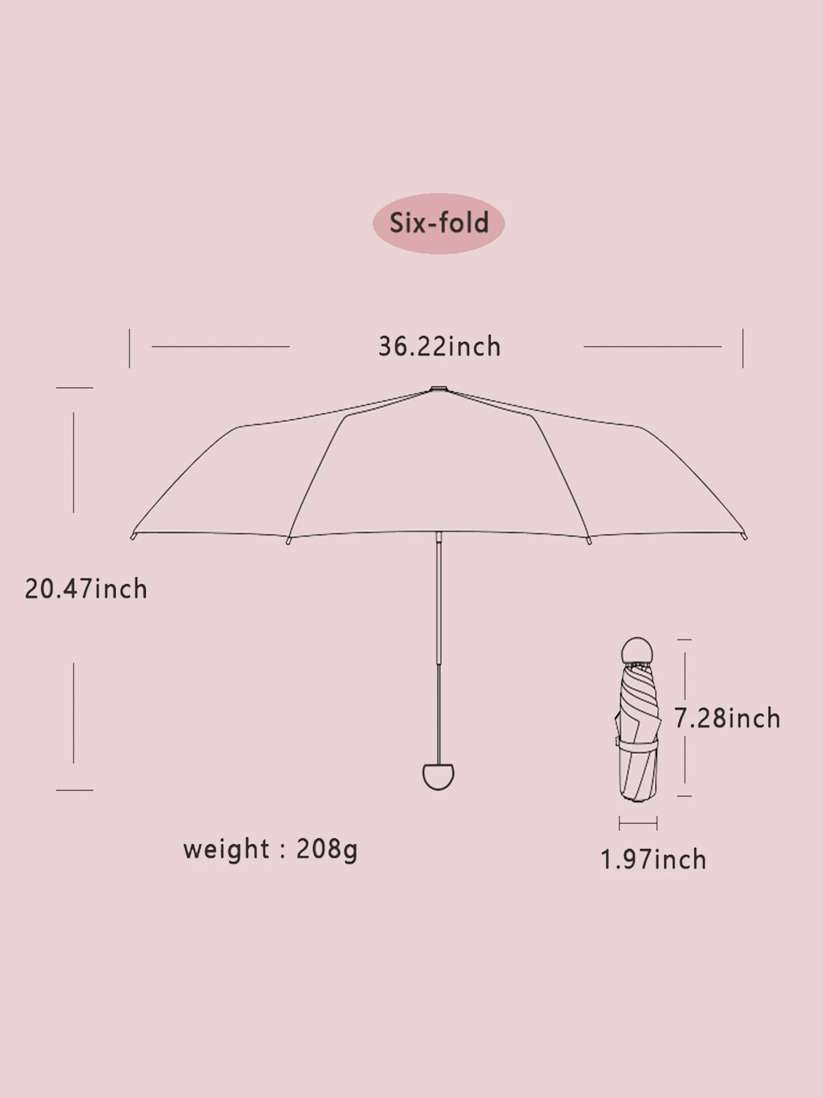 A diagram showing the dimensions of a six-fold umbrella, including its span, height, and weight.