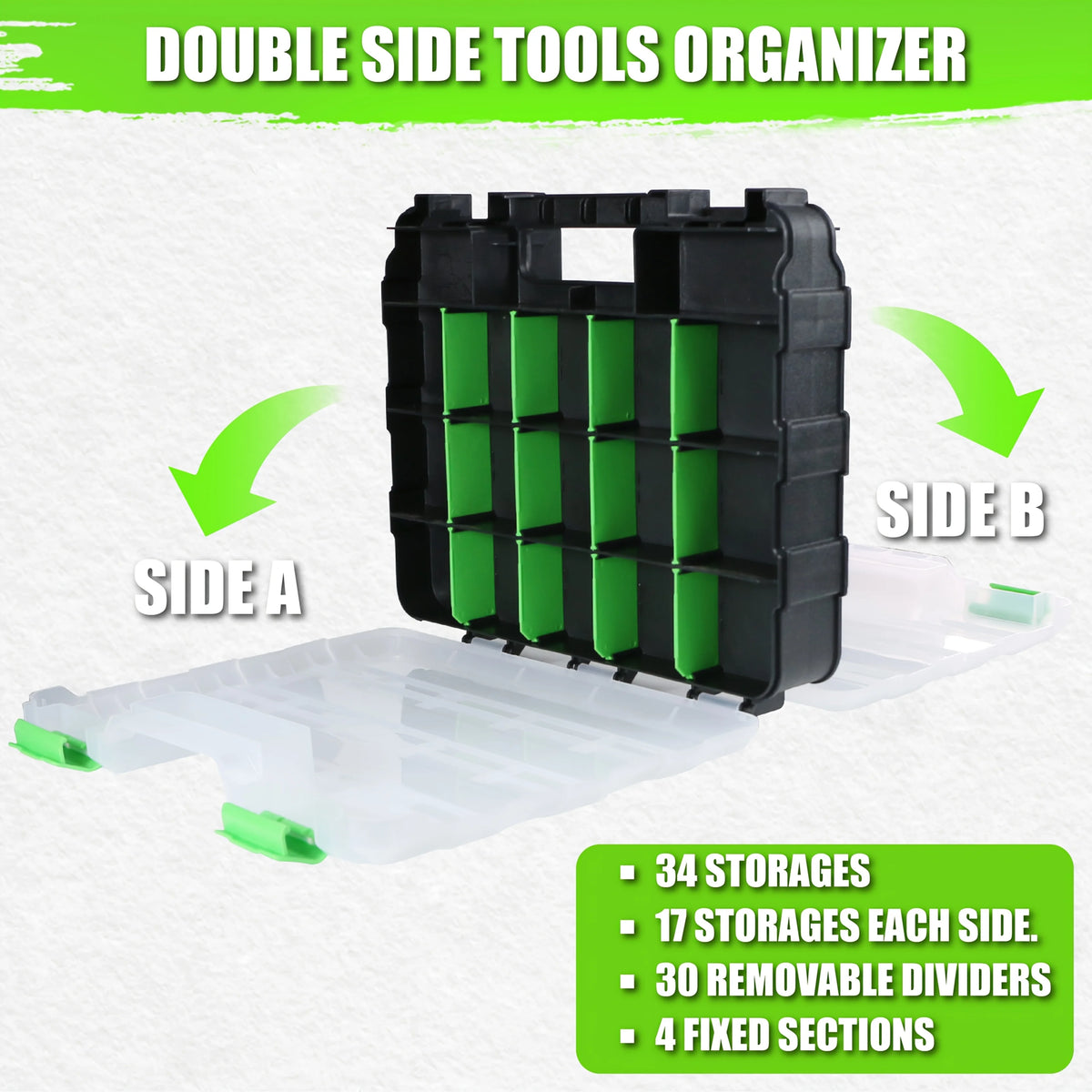 A black double-sided tool organizer with 34 storage compartments and removable dividers shown on a white background.