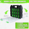 A black double-sided tool organizer with 34 storage compartments and removable dividers shown on a white background.