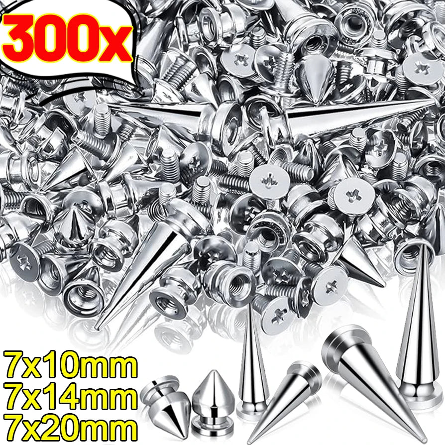A pile of silver metal spike studs and pins in various sizes, including 7x10mm, 7x14mm, and 7x20mm.