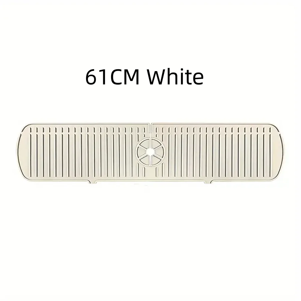 A rectangular white silicone faucet drain mat for kitchen and bathroom countertop protection.