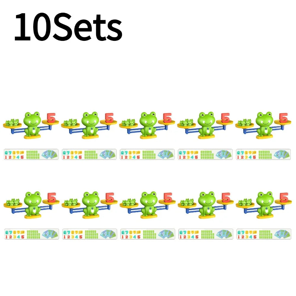 A set of ten frog balance math learning toys for children, featuring various colored frogs and corresponding number tiles.