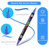 A black double nib acrylic marker is shown with a blue cap, designed for coloring paintings and drawing strokes.