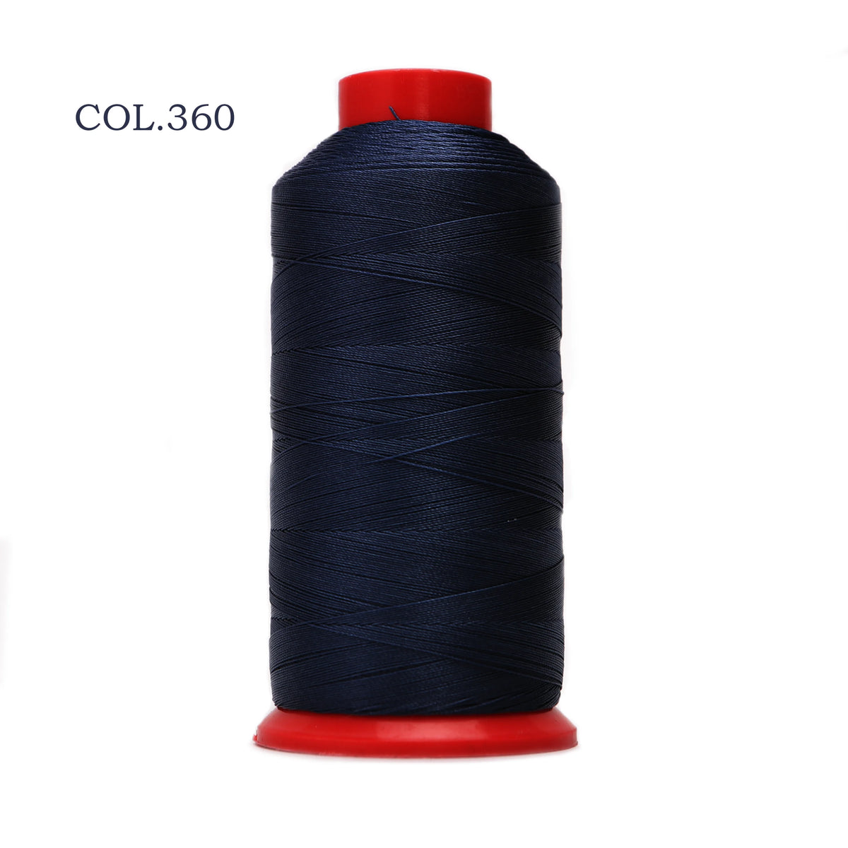 A spool of dark blue heavy-duty nylon bonded thread with a red cap.