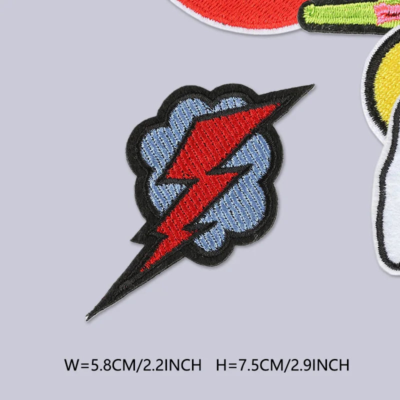 Black and red lightning bolt iron-on embroidered patch for jackets and outdoor clothing