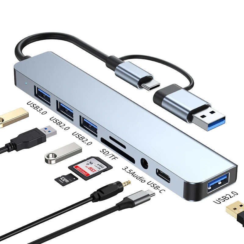 8-in-1 USB & USB-C Docking Hub with Audio Jack and Card Reader