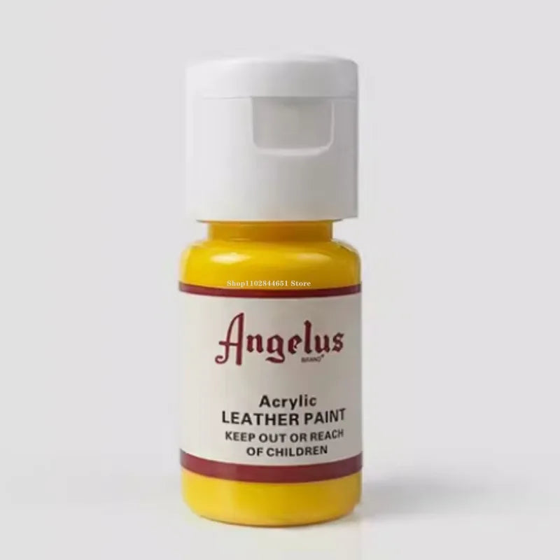Yellow bottle of Angelus Acrylic Leather Paint with a white cap