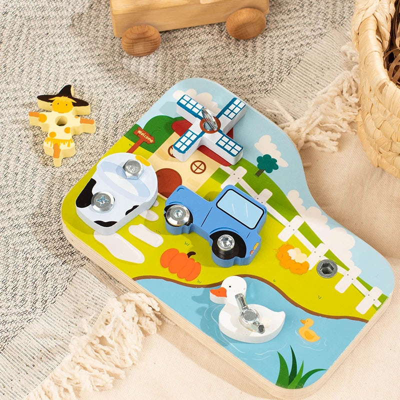A wooden farm animal assembly toy featuring various animals, a screwdriver, and a wrench on a light blue board.