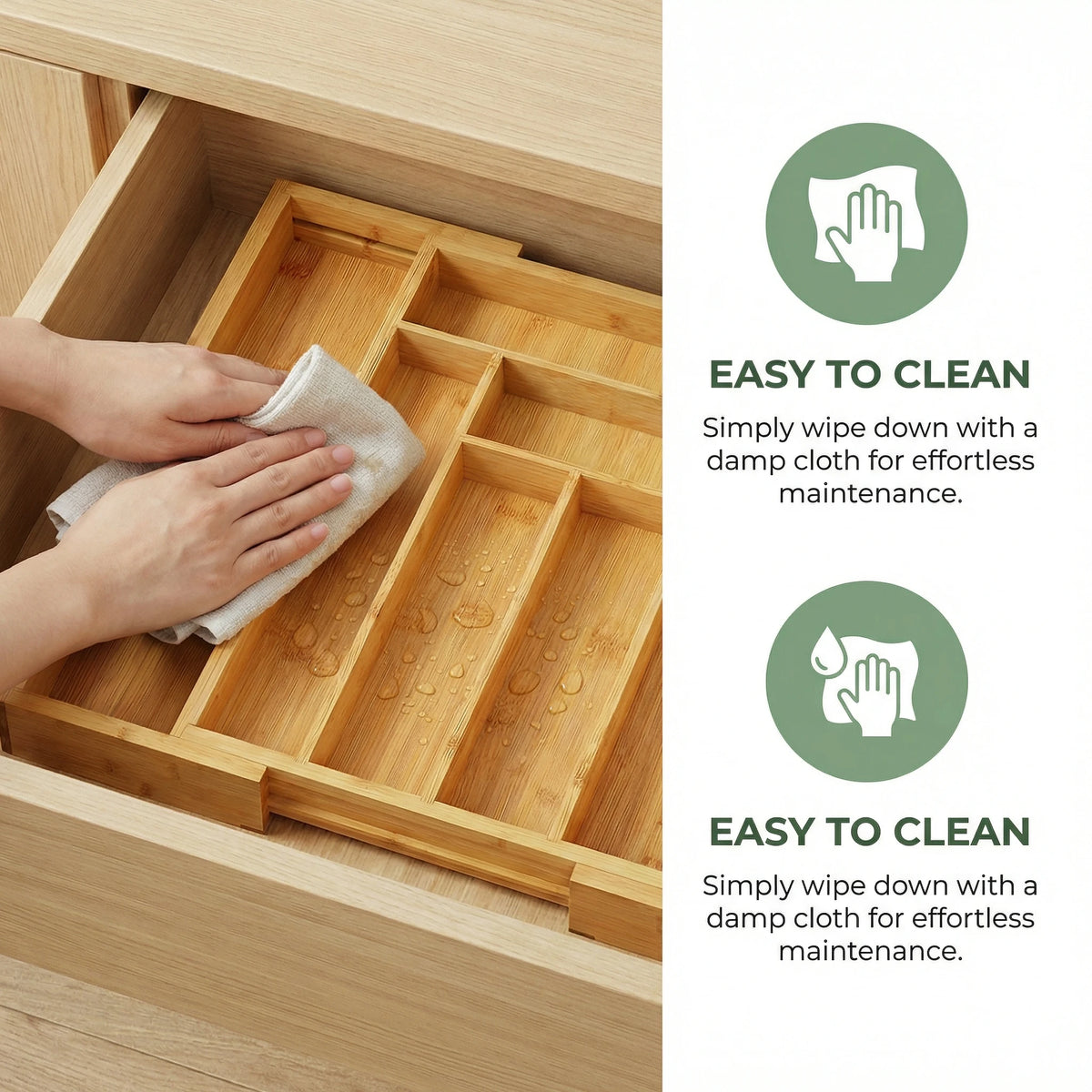 A wooden utensil drawer organizer with bamboo dividers and a hand wiping the surface for cleaning.