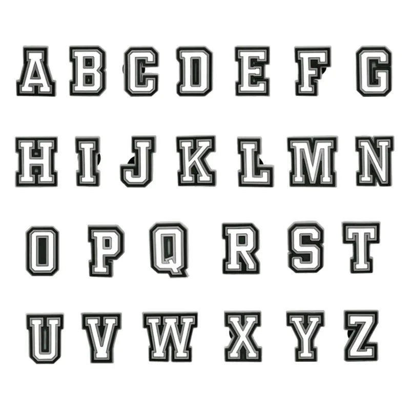 A set of uppercase letter PVC pins for decorating shoes, sandals, and clogs.