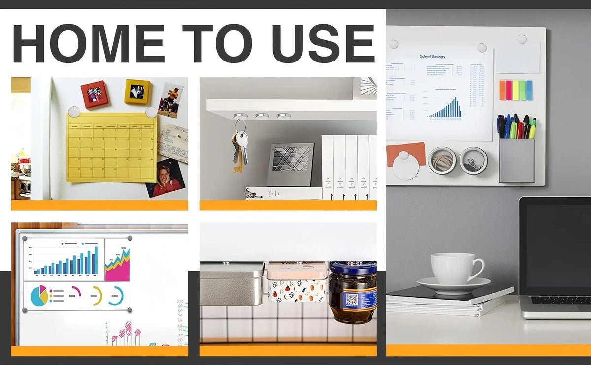 A display of various refrigerator magnets and household items used for home to use organization.