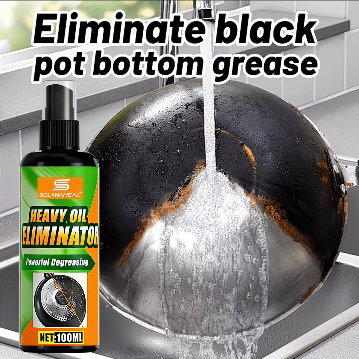 A bottle of Heavy Oil Eliminator degreaser being poured into a large pot to eliminate black pot bottom grease.