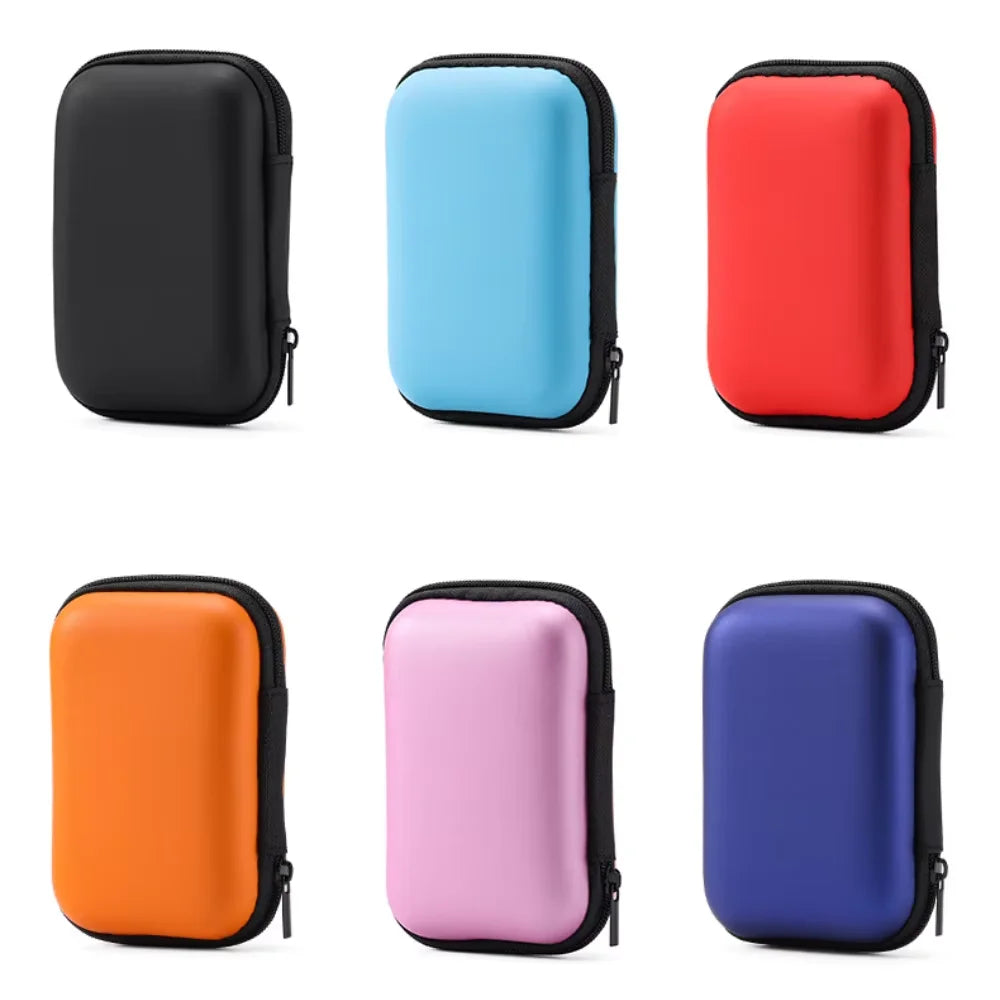 A set of five hard EVA protective cases for a SanDisk Extreme Portable SSD in black, light blue, red, pink, and purple colors