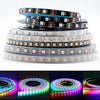Stack of individually addressable RGB LED strip lights showing various color patterns and light effects.