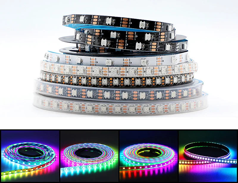 Stack of individually addressable RGB LED strip lights showing various color patterns and light effects.