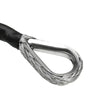 Close-up of a heavy-duty synthetic winch rope with a protective metal sheath and black handle.