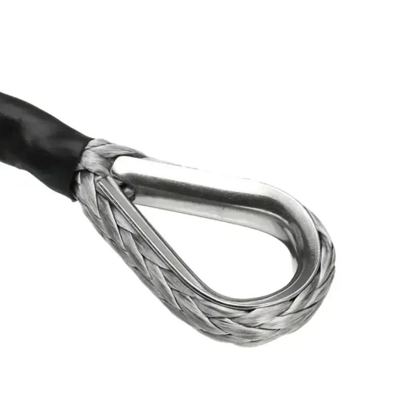 Close-up of a heavy-duty synthetic winch rope with a protective metal sheath and black handle.