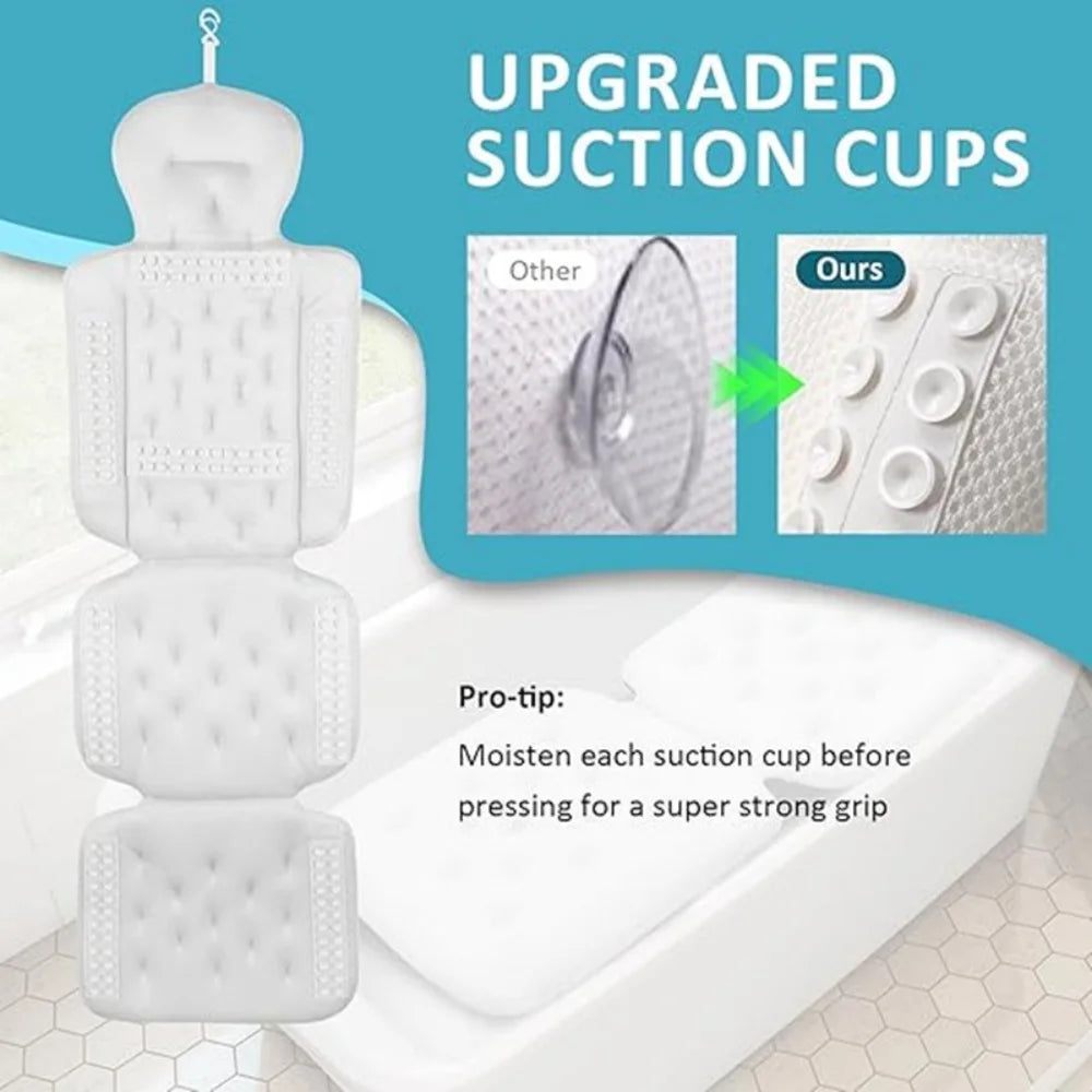 White upgraded suction cups for a full-body bath pillow with head and neck support